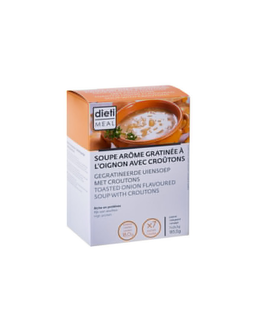 Sopa proteica de cebolla con picatostes